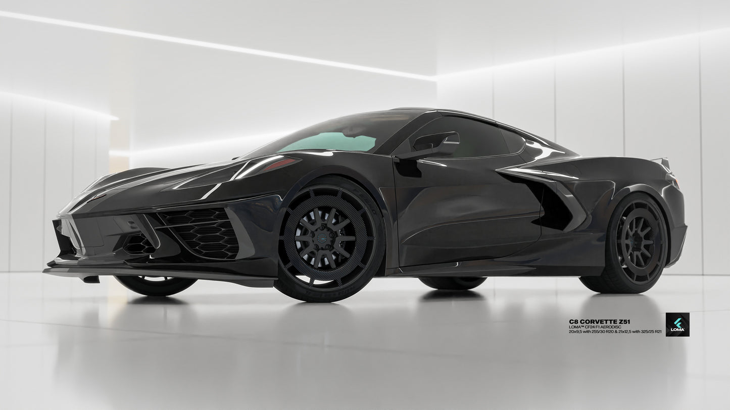 Black C8 Corvette with carbon fiber 20 and 21-inch LOMA Forged rims