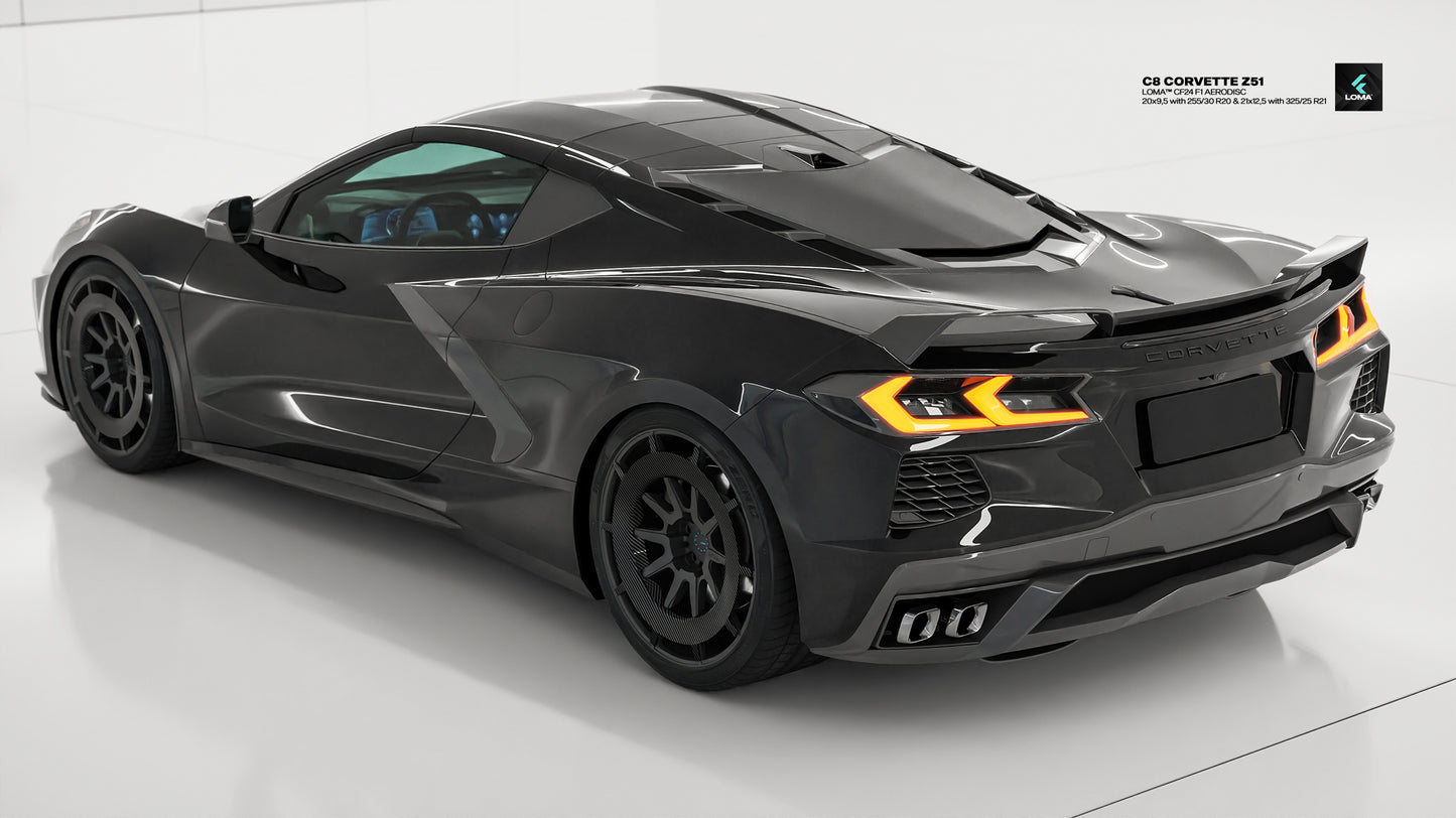 Custom black LOMA Forged wheels on a C8 Corvette, enhancing the Vette's look