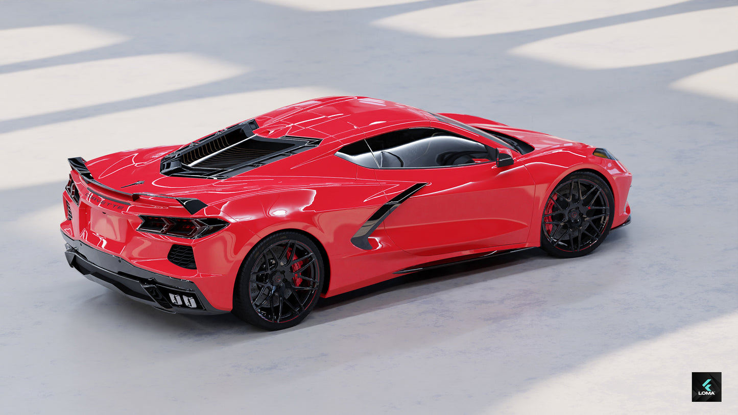 Red C8 Corvette with 20 and 21-inch LOMA Forged GTC aftermarket rims