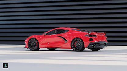Side view of a red C8 Corvette with 20 and 21-inch LOMA Forged GTC custom wheelsCustom deep dish rims on a C8 Corvette by LOMA Forged