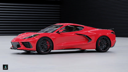 Red Corvette C8 with custom black LOMA Forged GTC rims featuring red stripes
