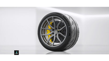 LF-13 Forged Wheels by LOMA: 19″-24″ Sizes in 1/2/3-Piece Options | Frozen Gunemtal Front View with brake and tire.