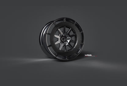 LOMA Forged LF-10C Wheels | Frozen Piano Black with Gloss Carbon Fiber side view.