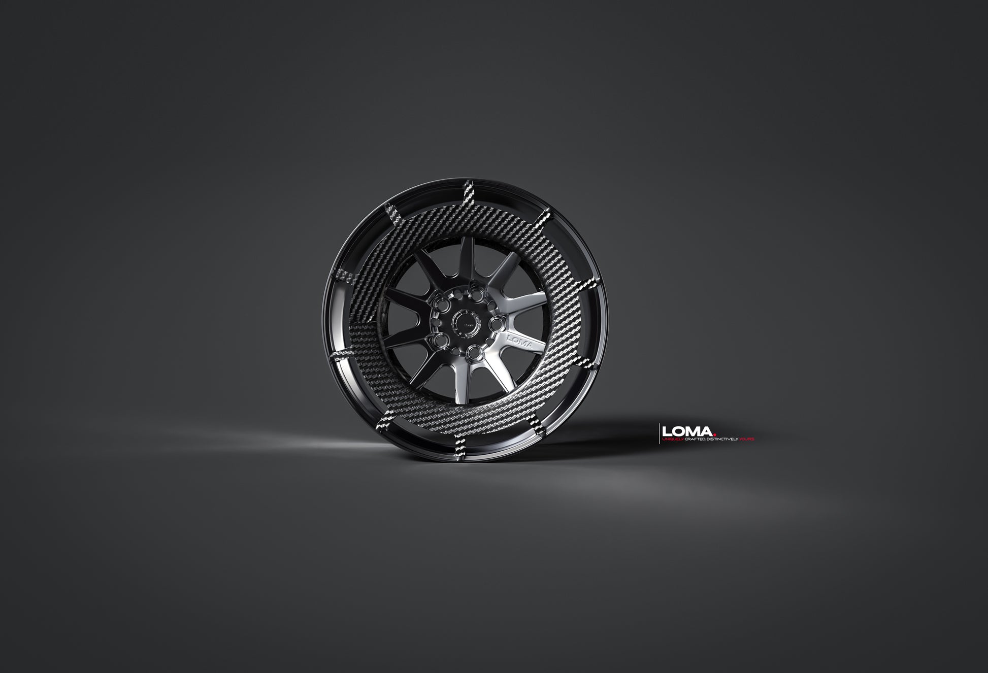 LOMA Forged LF-10C Wheels | Frozen Piano Black with Gloss Carbon Fiber front view.