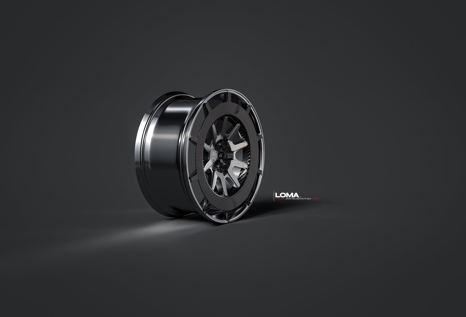 LOMA Forged LF-10C Wheels | Frozen Piano Black with Gloss Carbon Fiber profile view.