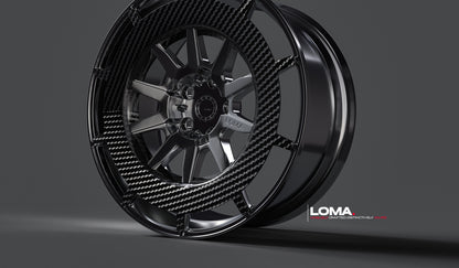 LOMA Forged LF-10C Wheels | Frozen Piano Black with Gloss Carbon Fiber close up view.