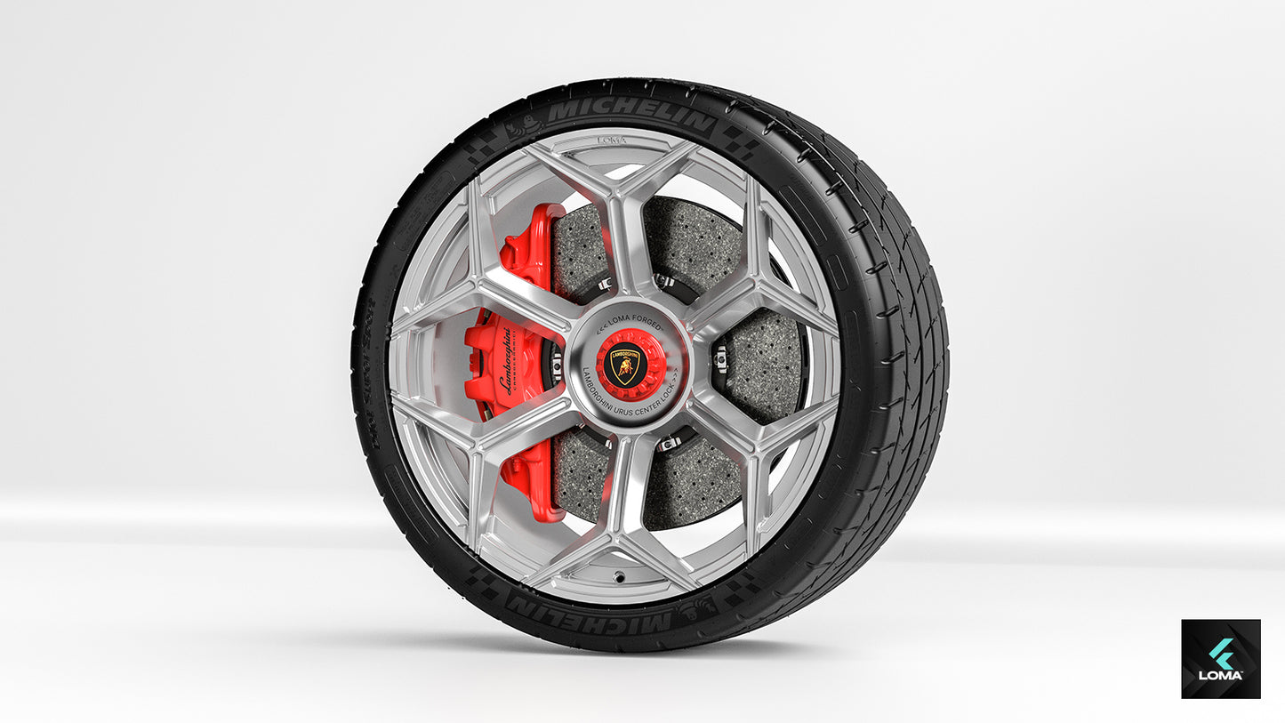 LF-62R Forged Wheels by LOMA: 19″-24″ Sizes in 1/2/3-Piece Options | Frozen Silver with Lava Red Accents front view.