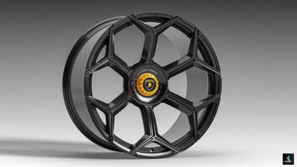 LF-62R Forged Wheels by LOMA: 19″-24″ Sizes in 1/2/3-Piece Options | Gloss Piano Black with Nardo Yellow Accents front view 2.