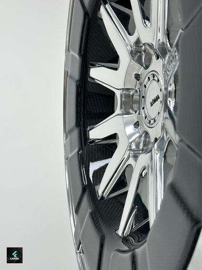 LOMA Forged LF-10C Wheels | High Polish with Gloss Carbon Fiber detail view.