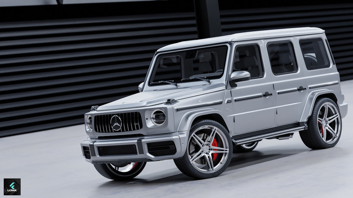 Three-quarter view of Mercedes G63 AMG showcasing 21-inch custom offsets by LOMA Forged™.
