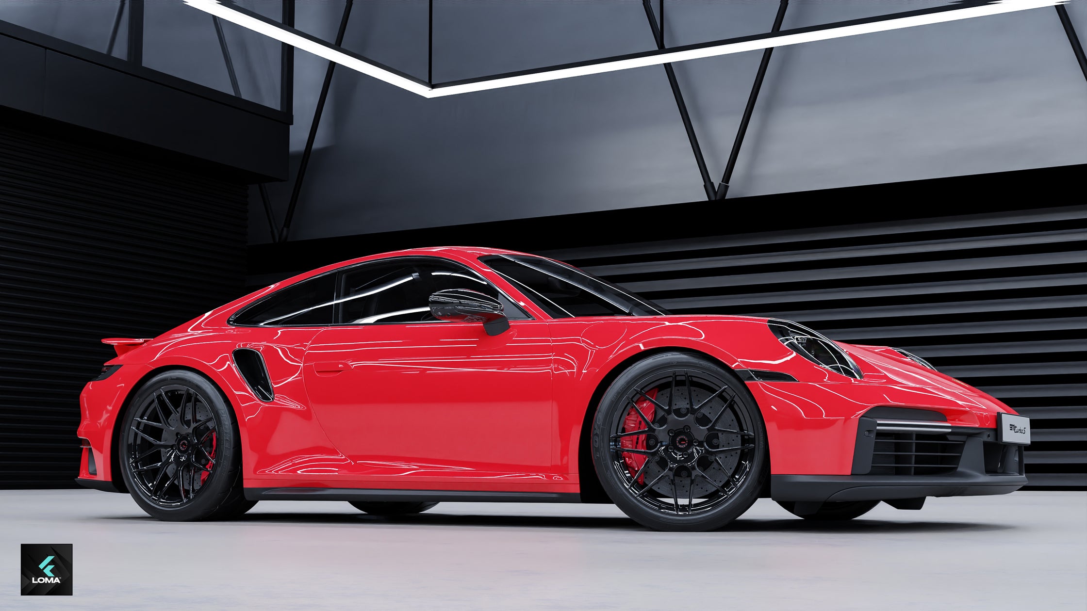 Red Porsche 992 Turbo S featuring LOMA Forged GTC aftermarket wheelsClose-up view of LOMA Forged GTC wheels on custom Porsche 992 Turbo S