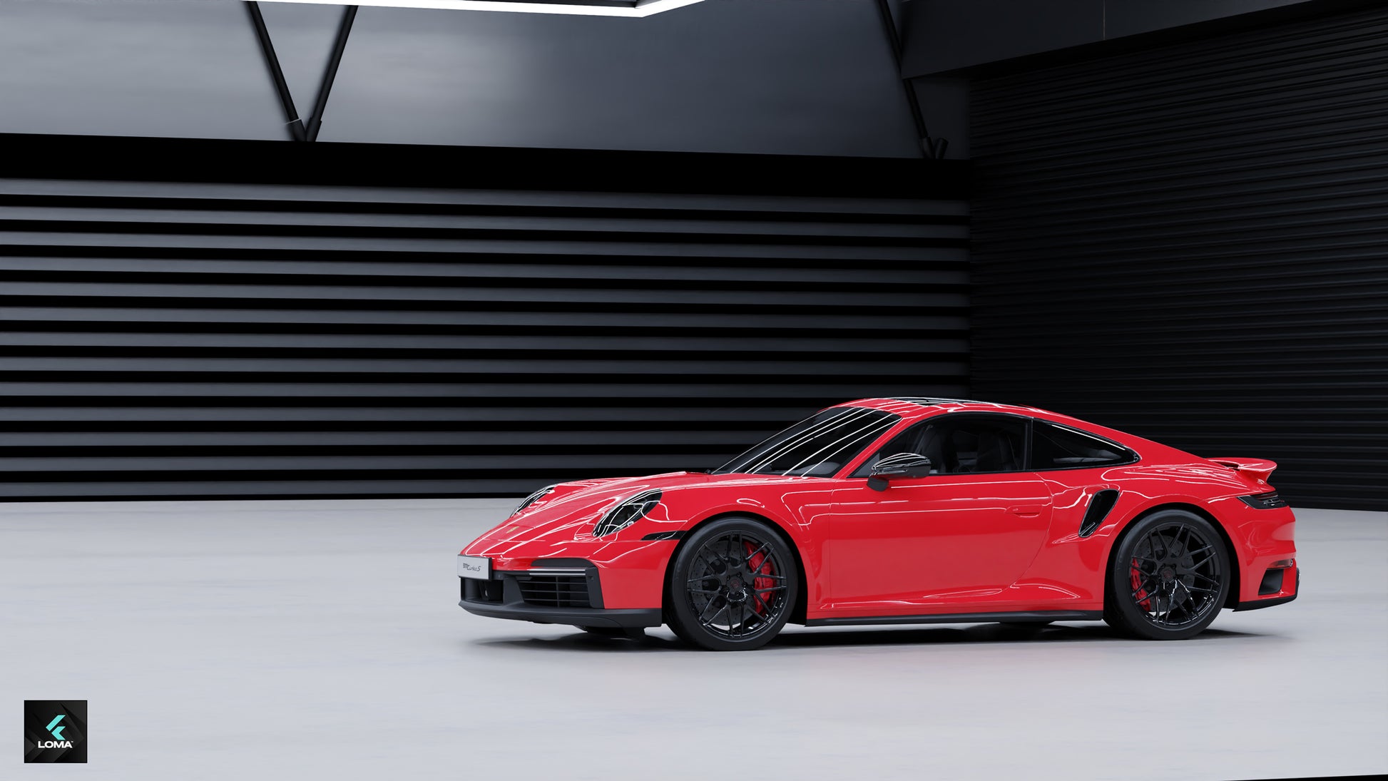 Side view of red Porsche 992 Turbo S with custom LOMA Forged GTC wheels
