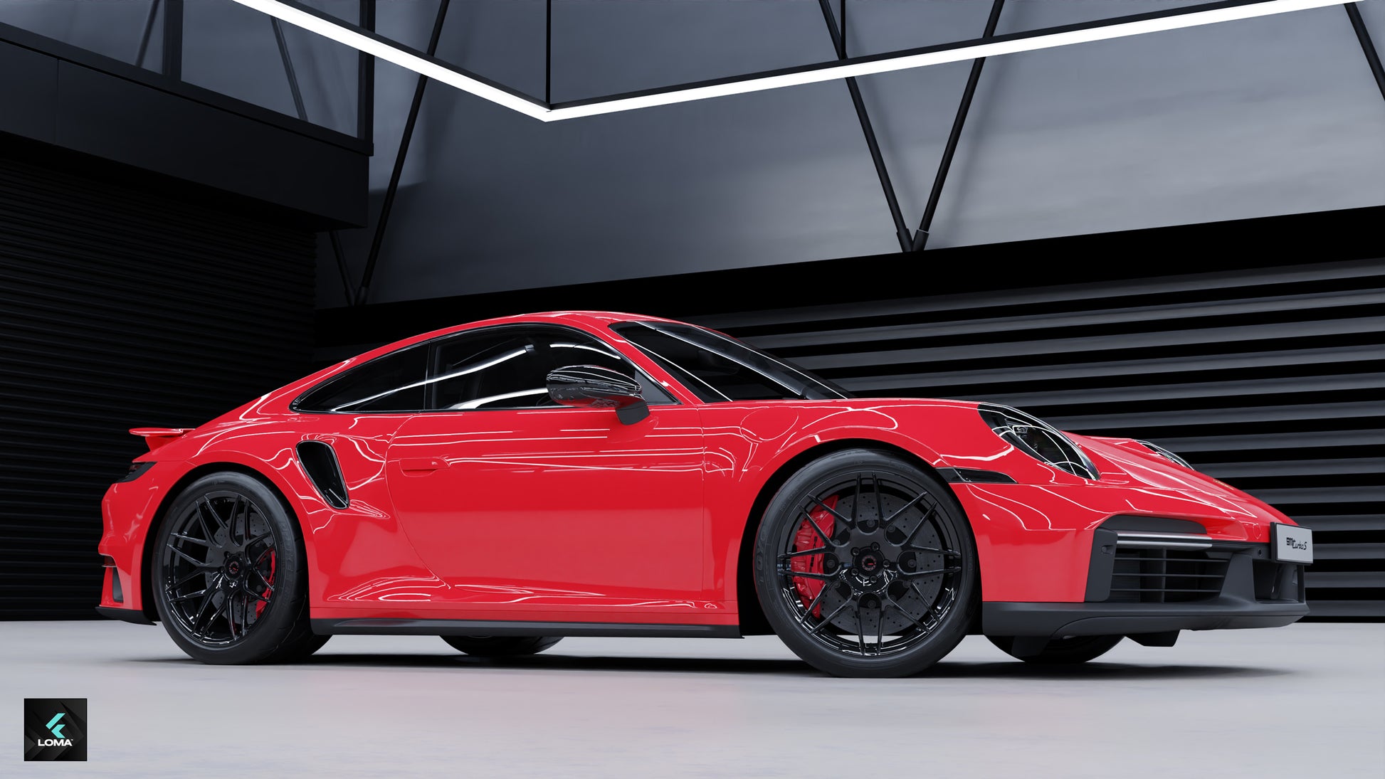 Red Porsche 992 Turbo S on LOMA Forged GTC Aftermarket rims in liquid beluga black