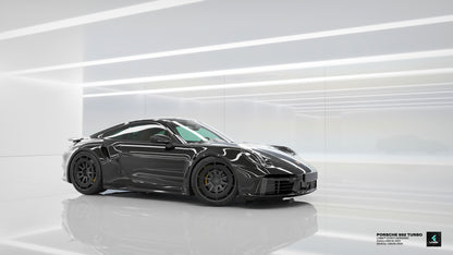 Black Porsche 992 Turbo S featuring LOMA Forged CF24 F1 AERODISC aftermarket wheels