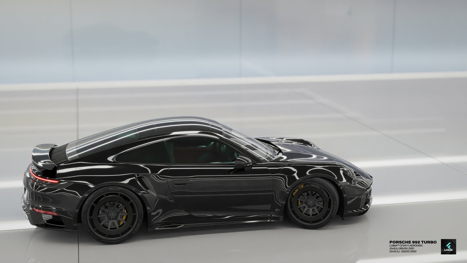 Side view of black Porsche 992 Turbo S with custom LOMA Forged CF24 F1 AERODISC wheels
