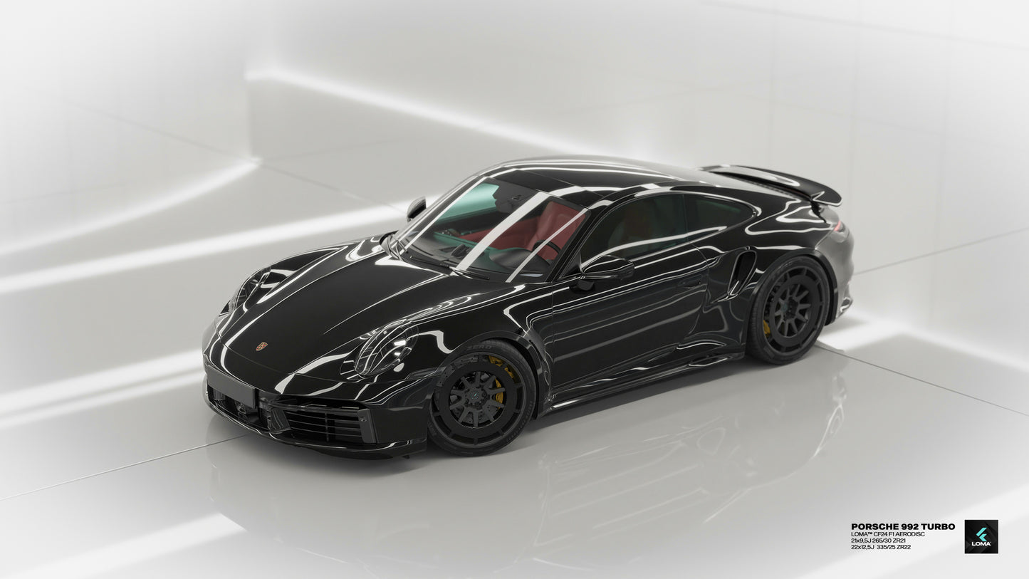 Modded Porsche 911 Turbo S with 21 and 22-inch gunmetal LOMA Forged CF24 F1 AERODISC rims